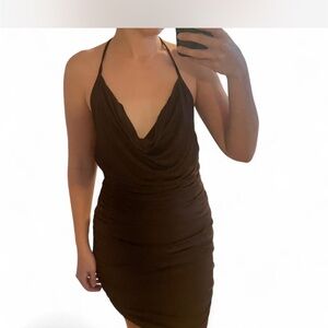 Y2K Brown Halter Cowl Mini Dress